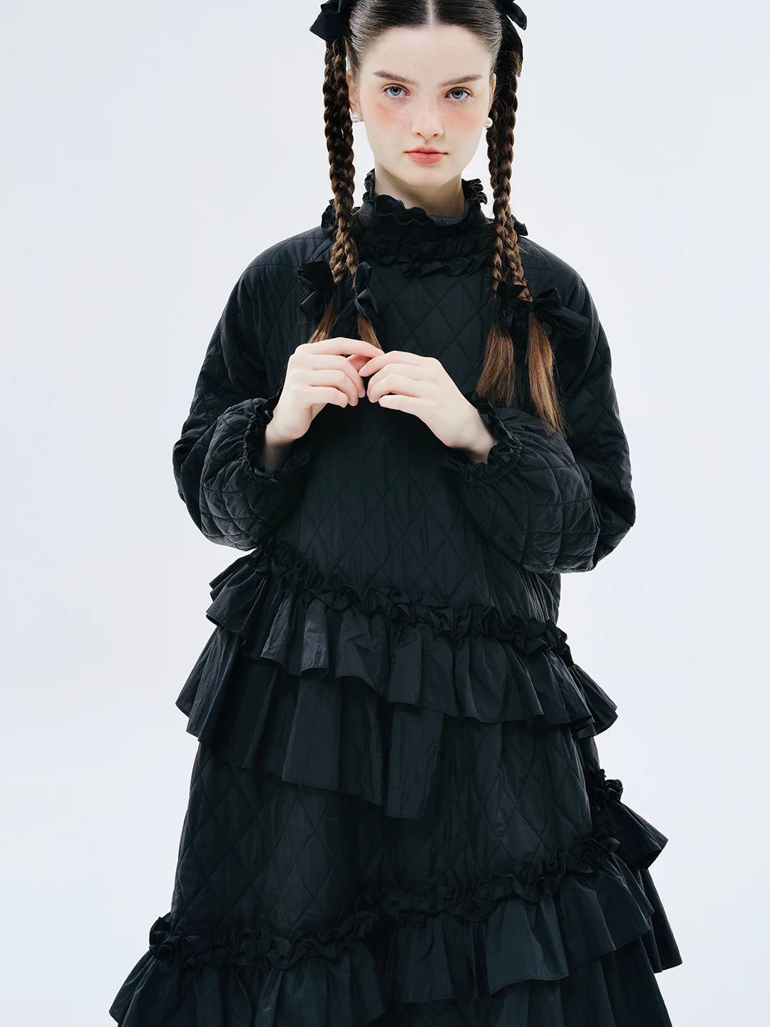 IMAKOKONI original design black winter warm long-sleeved cotton lace splicing dress 234378