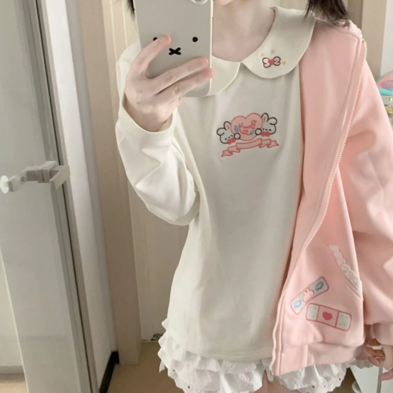 Japanische Kawaii Lolita Stil Weiße T-Shirts Frauen Süße Schleife Stickerei Peter Pan Kragen Cartoon Bunny Print T-Shirts Y2k Rosa Tops