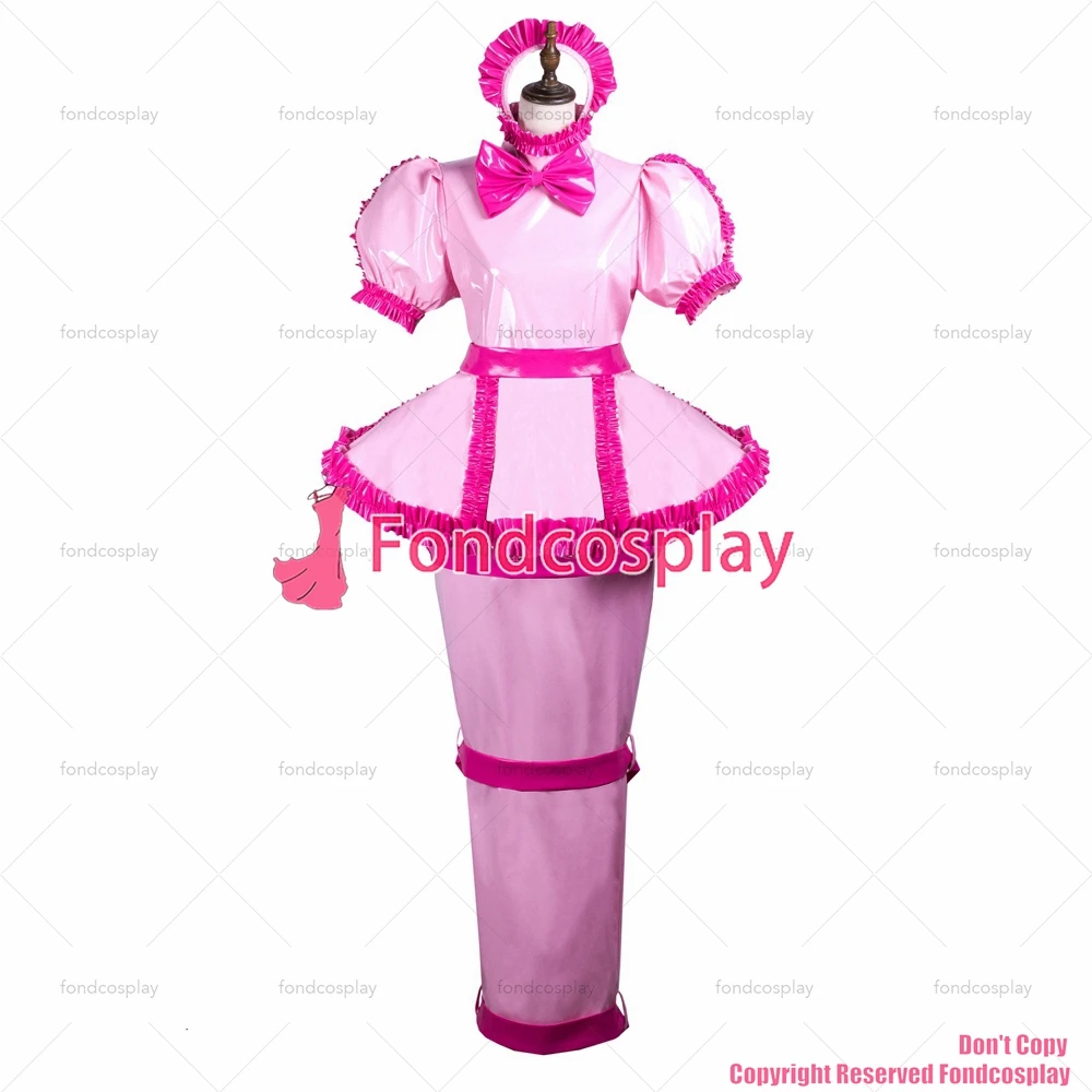 fondcosplay adult sexy cross dressing sissy maid long baby pink heavy pvc dress lockable Uniform costume CD/TV[G3740]