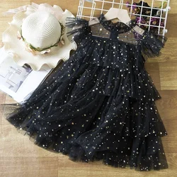 Little Girls Party Dresses Sequins Flying Sleeves Princess Dress 2024 New Elegant Birthday Clothes Children Casual Wear 3-8Years