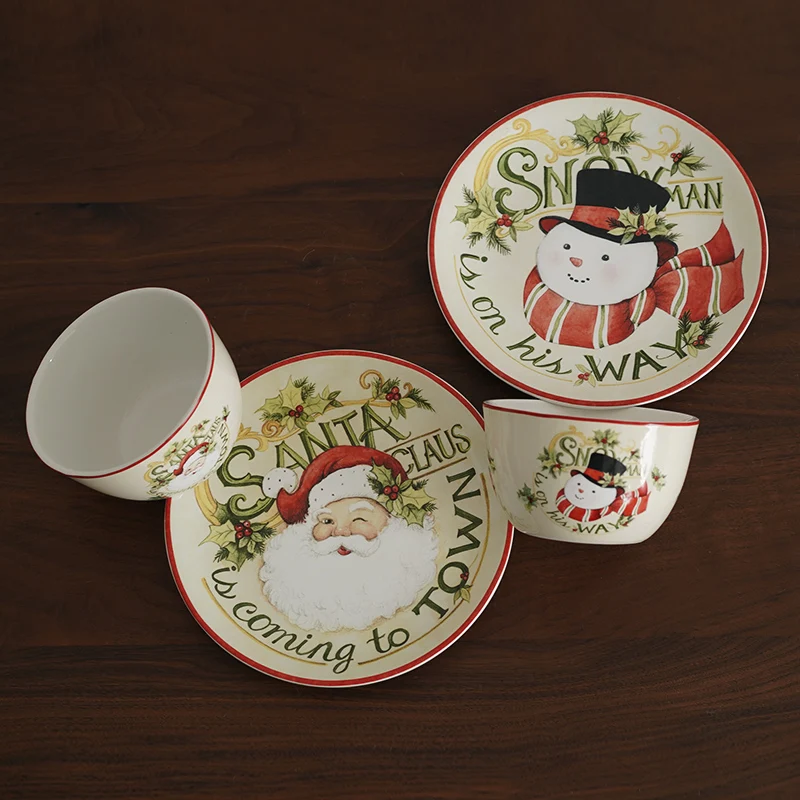 

Classic Retro Underglaze Colored Retro Santa Claus, Snowman, Ceramic Western Dish, Steak Plate, Bowl