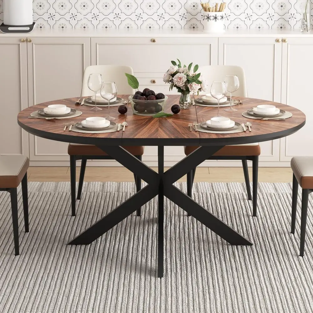 

47.2"-63" Extendable Round Dining Table for 4-6, Solid Wood Tabletop & Metal Frame, Walnut Dining Room Furniture