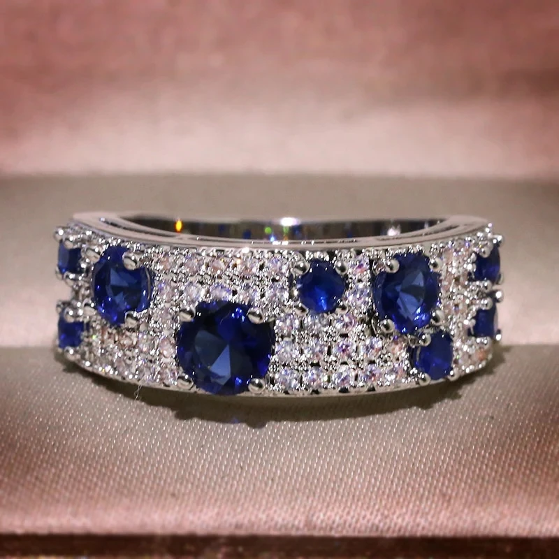 Huitan Silber Farbe Blau/Weiß CZ Frauen Ringe Neu Gestaltete Luxus Mode Braut Hochzeit Bands Zubehör Funkelnden Schmuck