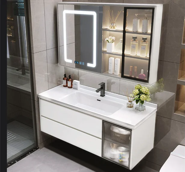 

Factory Directly Modern Hotel Hanging Waterproof Mirror Pvc Wash Basin Vanity Bathroom Cabinet