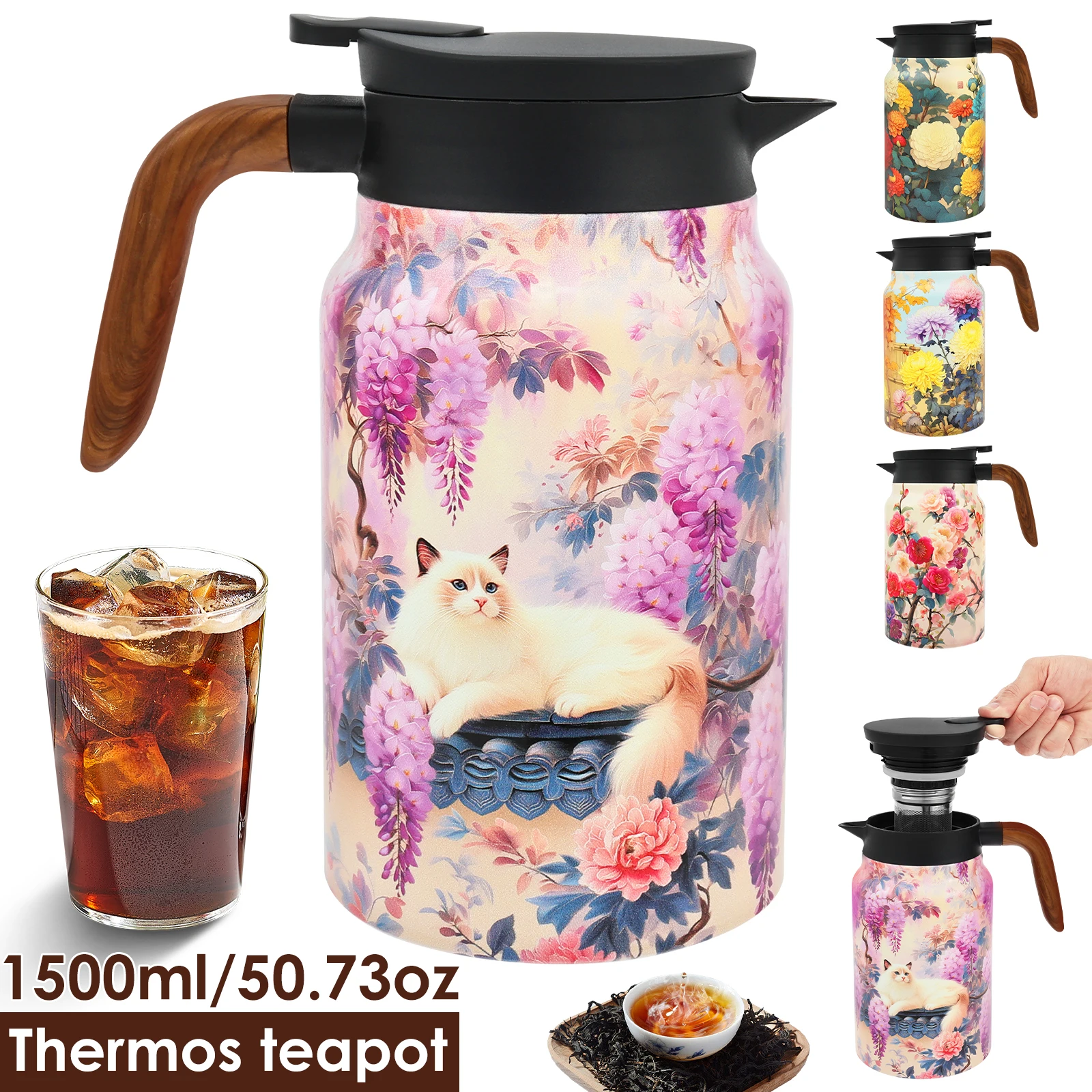 1500 ML Vintage Floral Pattern Tea Pot Stainless Steel Teapot with Built In Infuser Multi-purpose Thermal Coffee Pots for Home