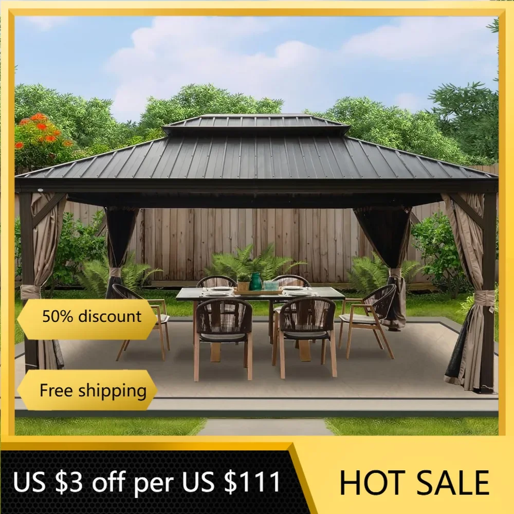 Gazebos, 12‘ X 16’ Hardtop Aluminum Permanent Gazebo with a Mosquito Net and Privacy Sidewalls, Permanent Gazebo Pavilion