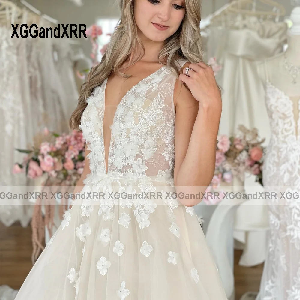 Vestido de novia de línea A para mujer, ropa de fiesta Formal sin mangas con cuello en V profundo, Apliques de encaje, longitud hasta el suelo, personalizada, 2024