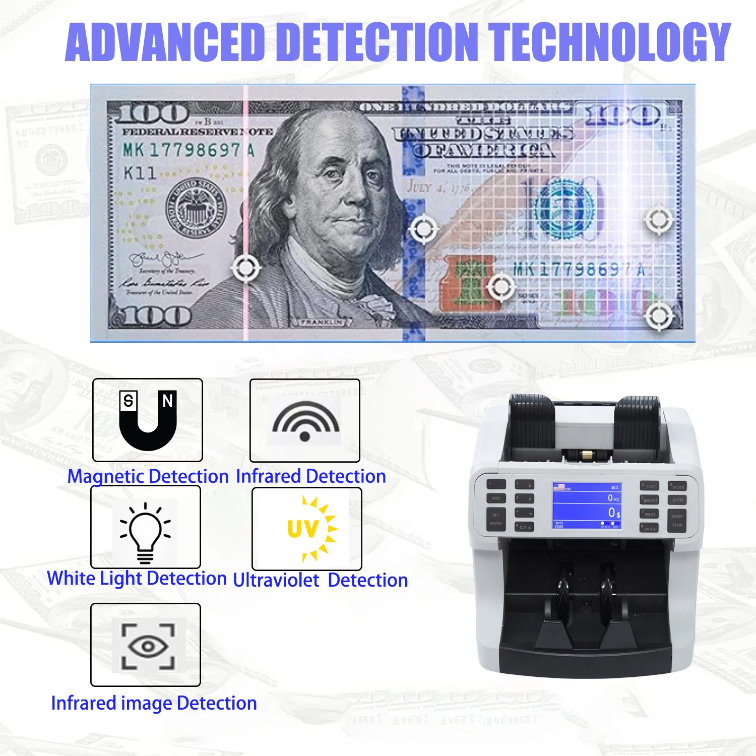 Huaen Mix Value Money Counter Machine Bill Counter Multi Currency WL/IMG/IR/MG/UV detection with Built-in printer for Buiness