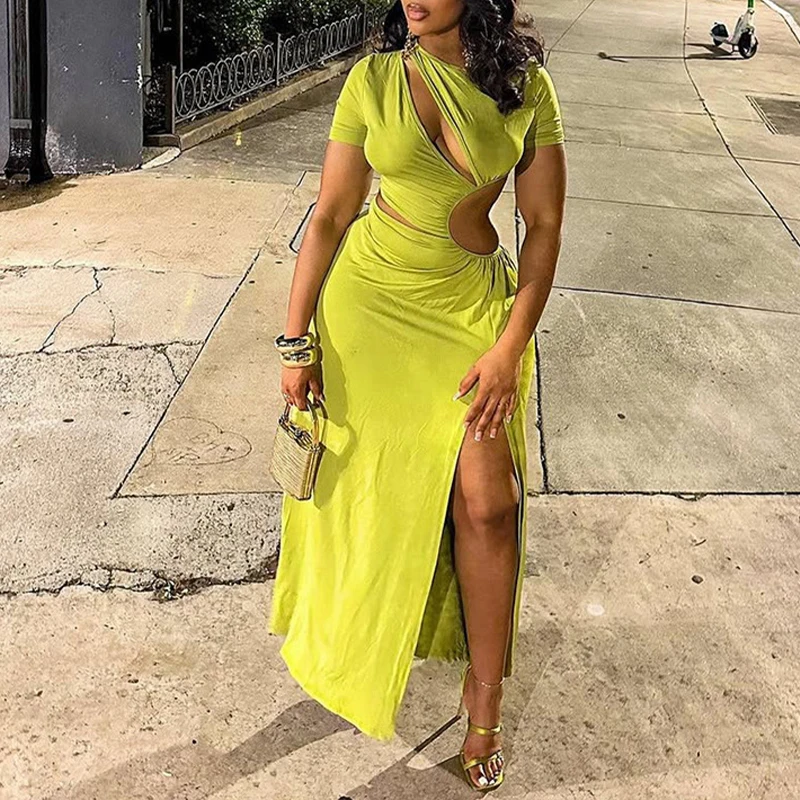 BKLD جديد مثير غير النظامية قطع قصيرة الأكمام الياقة المستديرة نحيل عالية الخصر سبليت فساتين طويلة للنساء نادي عطلة فساتين