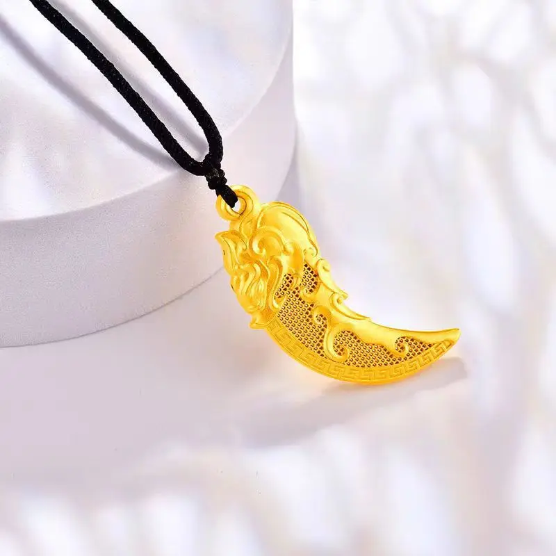

Men's 24K Gold (AU999) Overbearing Fuhui Wolf Tooth Pendant | Two-tone matte gold, chiseled Wolf Tooth Ode motifs