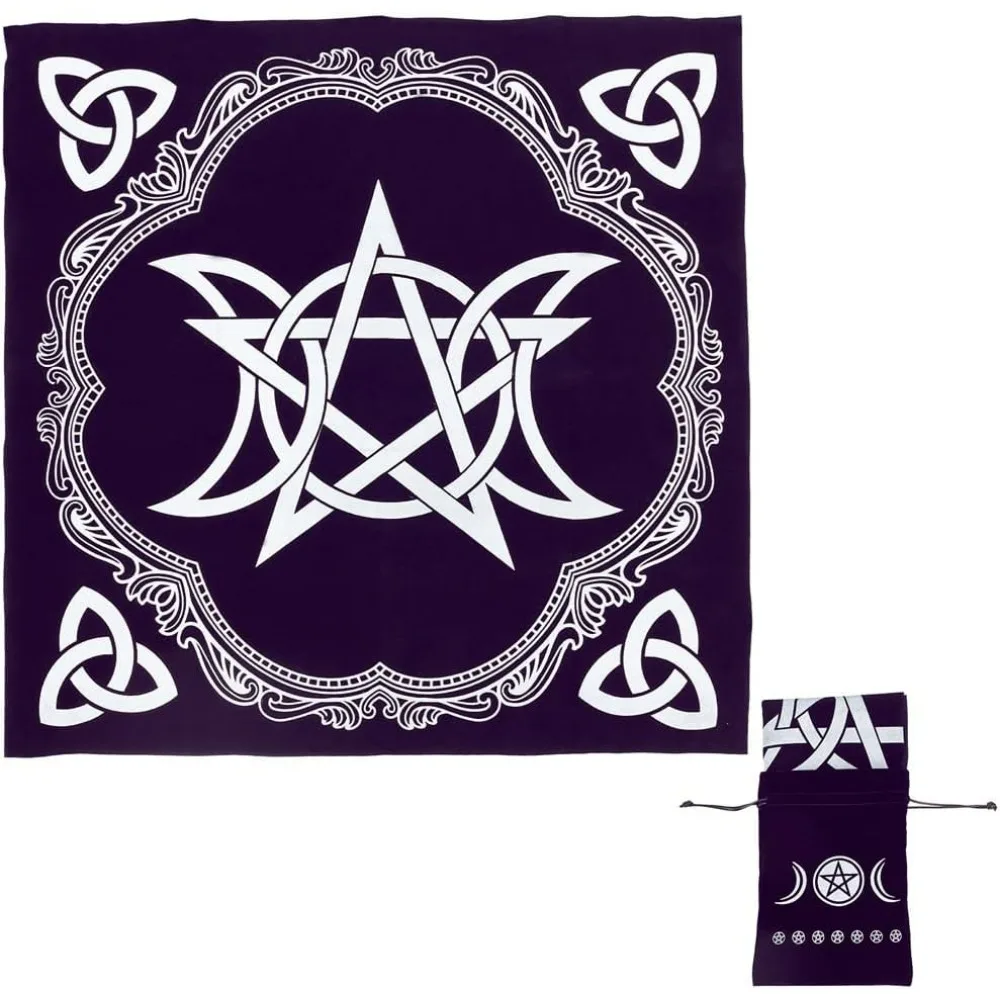 Altar Cloth Black Triple Moon Pentagram Tarot Cloth with Velvet Fabric Bag Divination Witch Wiccan Witchcraft Supplies Tools