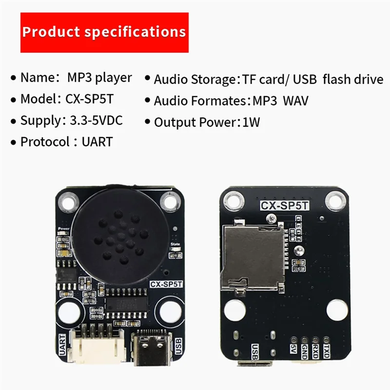 Комплект разработки ABGI-CX-SP5T Модуль воспроизведения голоса MP3 UART Управление последовательным портом Интеллектуальная голосовая трансляция Модуль голосового воспроизведения