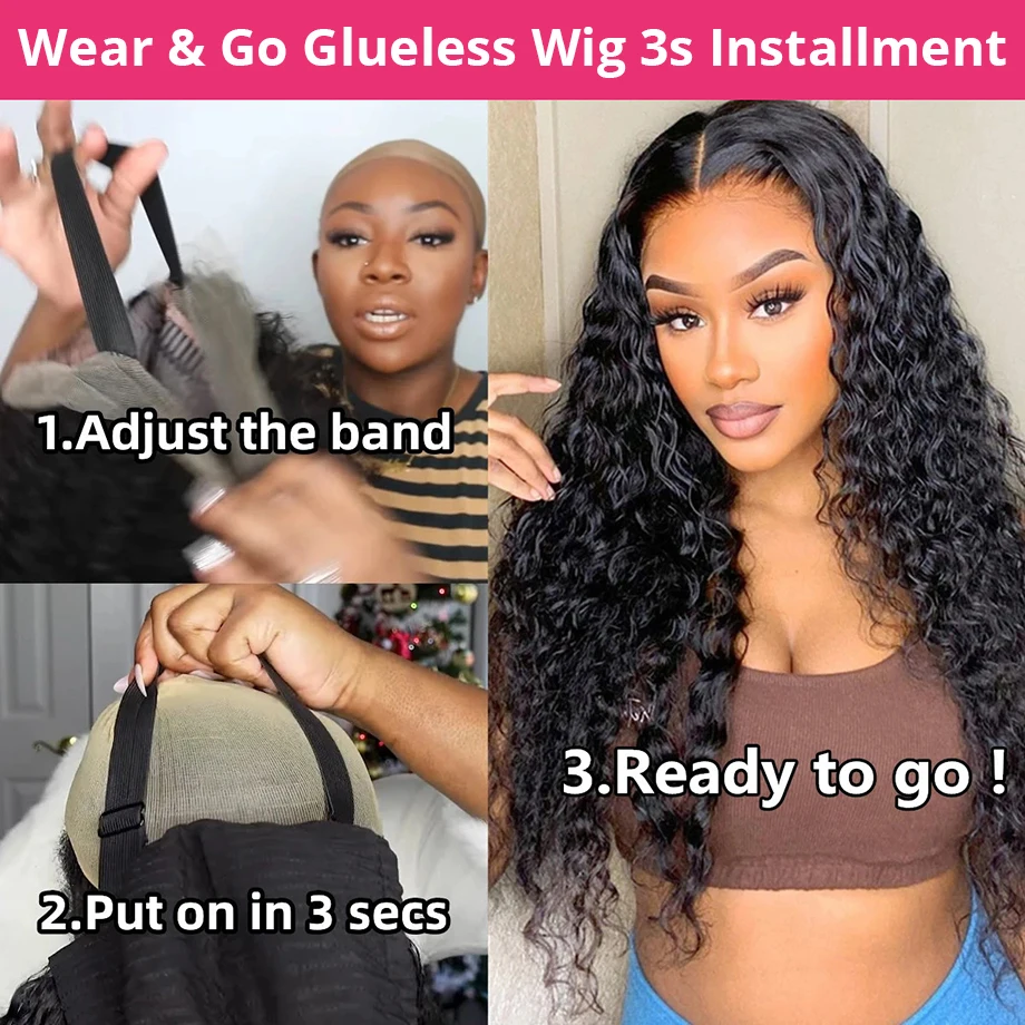 Glueless Wigs Human Hair Wear And Go Pre Cut 4x4 5x5 Hd Lace Closure Wig Deep Wave Curly Human Hair Wig Brazilian Water Wave Wig image 3