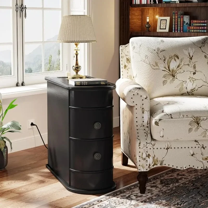 

Деревянный торцевой столик, узкий приставной столик с 2 ящиками и зарядной станцией, сборка не требуется, готовая задняя часть