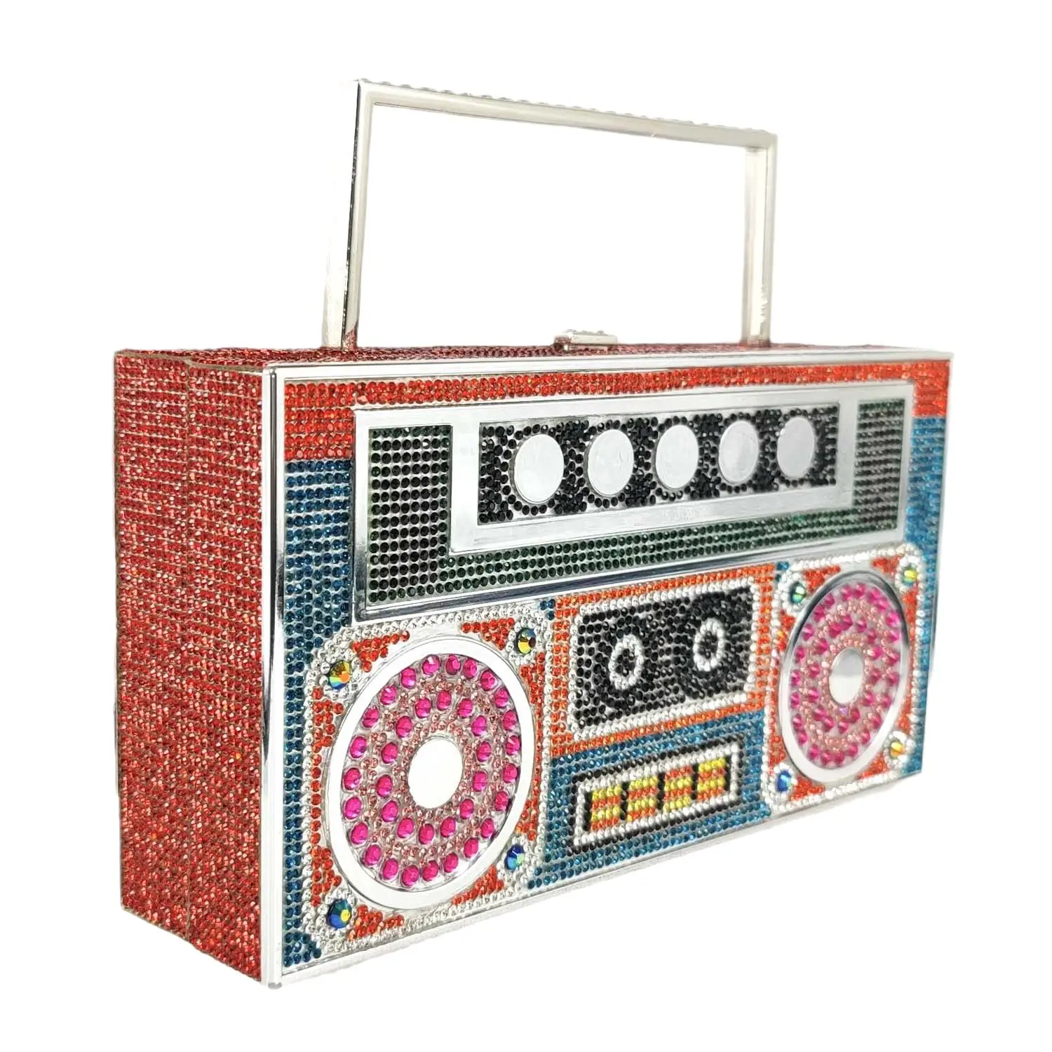 Boutique De FGG Novelty Boombox Radio Shape Women Rhinestone Totes Bags Metal Clutches Chain Shoulder Handbags Crossbody Bag