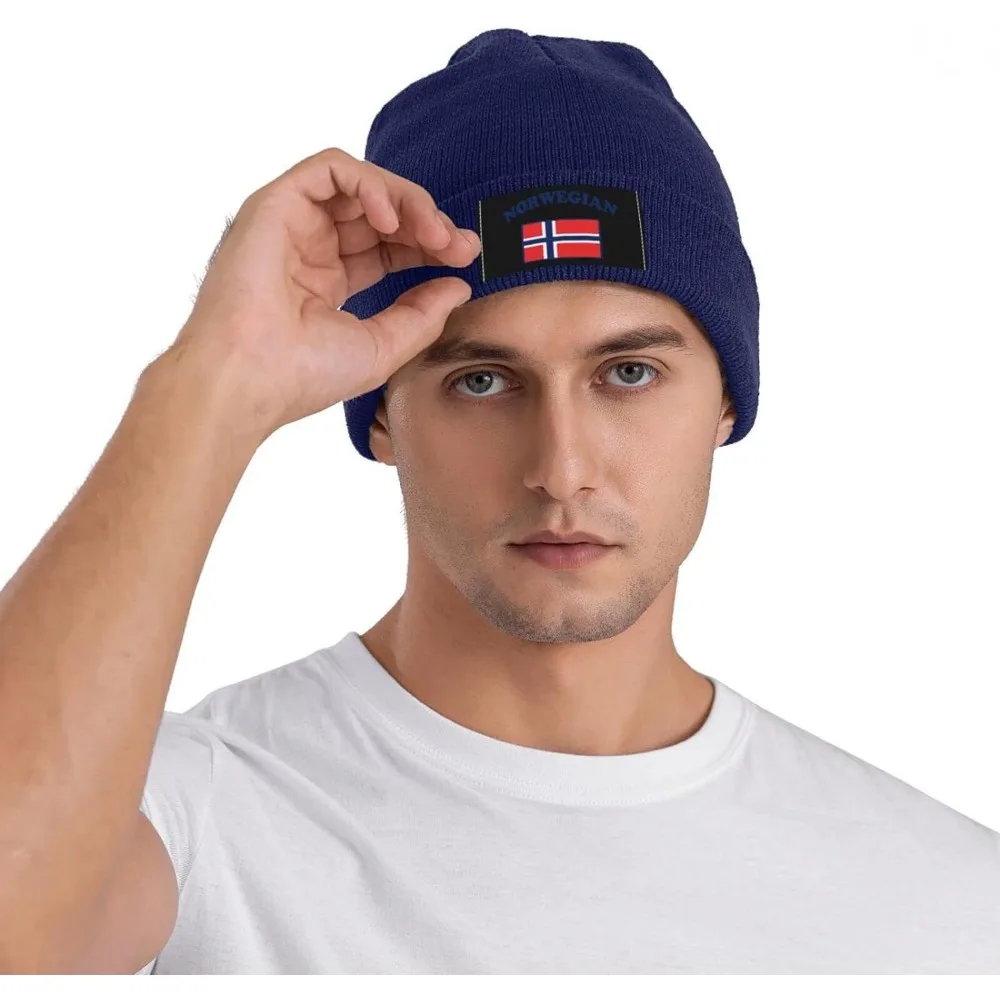 Zimowa czapka czapka z dzianiny dla mężczyzn, flaga norweska codziennie czapka typu Beanie ciepłe mankiety narciarskie czarne