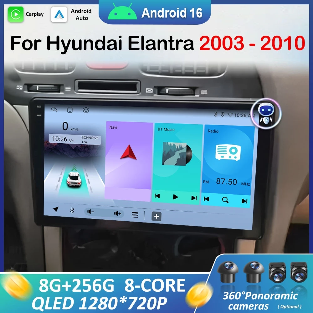 

Автомобильный радиоприемник для Hyundai Elantra 2003-2010, Android 16, беспроводной Carplay, видеоплеер, мультимедийный плеер, DSP, стерео, Wi-Fi, GPS, навигация, Bluetooth