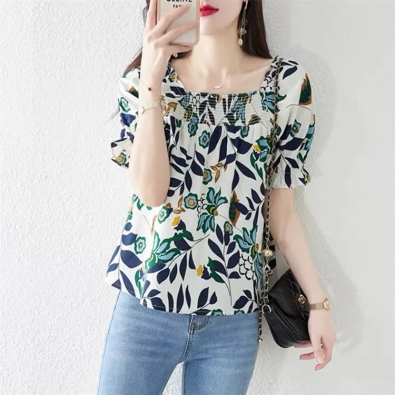 Women's Shirt and Blouse Woven Crop Half Sleeve Female Tops Elegant Chic Sale of High Quality Summer 2024 Novelties Youthful M