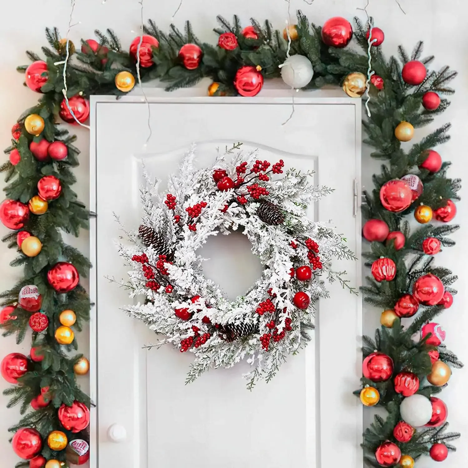 Garvee 18 Inch Winter Christmas Wreath Snow Flocked Artificial Pine Garland Wreath Red Berries Pinecones Xmas Ornament Window Wall Hanging Decor Christmas Decorations