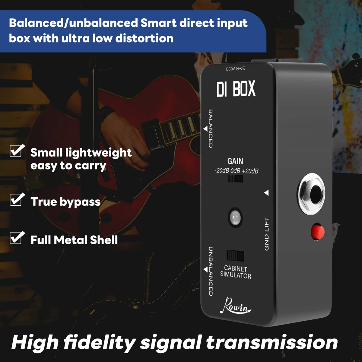 Rowin Di Box LEF-331 Micro-Di Met Taxi Sim En Gain Gitaar Effect Pedaal True Bypass