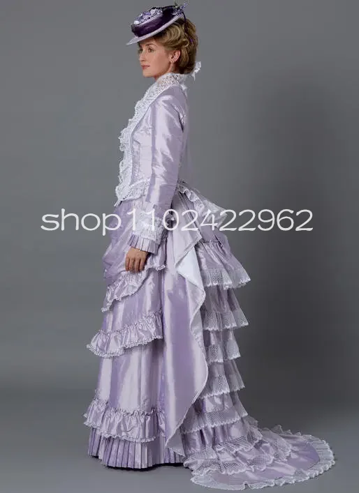 19th Century Victorian prom Dresses lilac lavender Edwardian Period Women Bustle cosplay Walking evening Dresses Suit