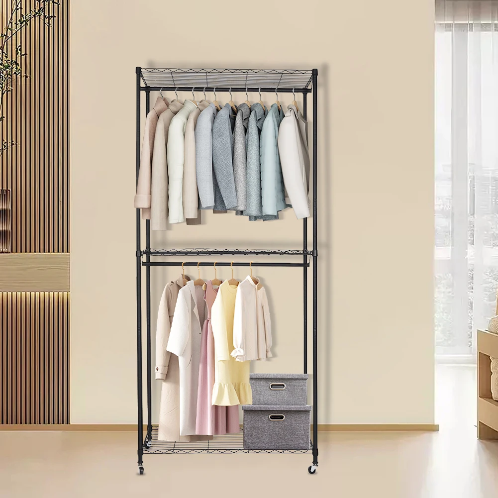 

Hanging Rod Clothes Rack with Wheels Multifunctional Portable Storage Closet with Cover for Coats Shirts Dress