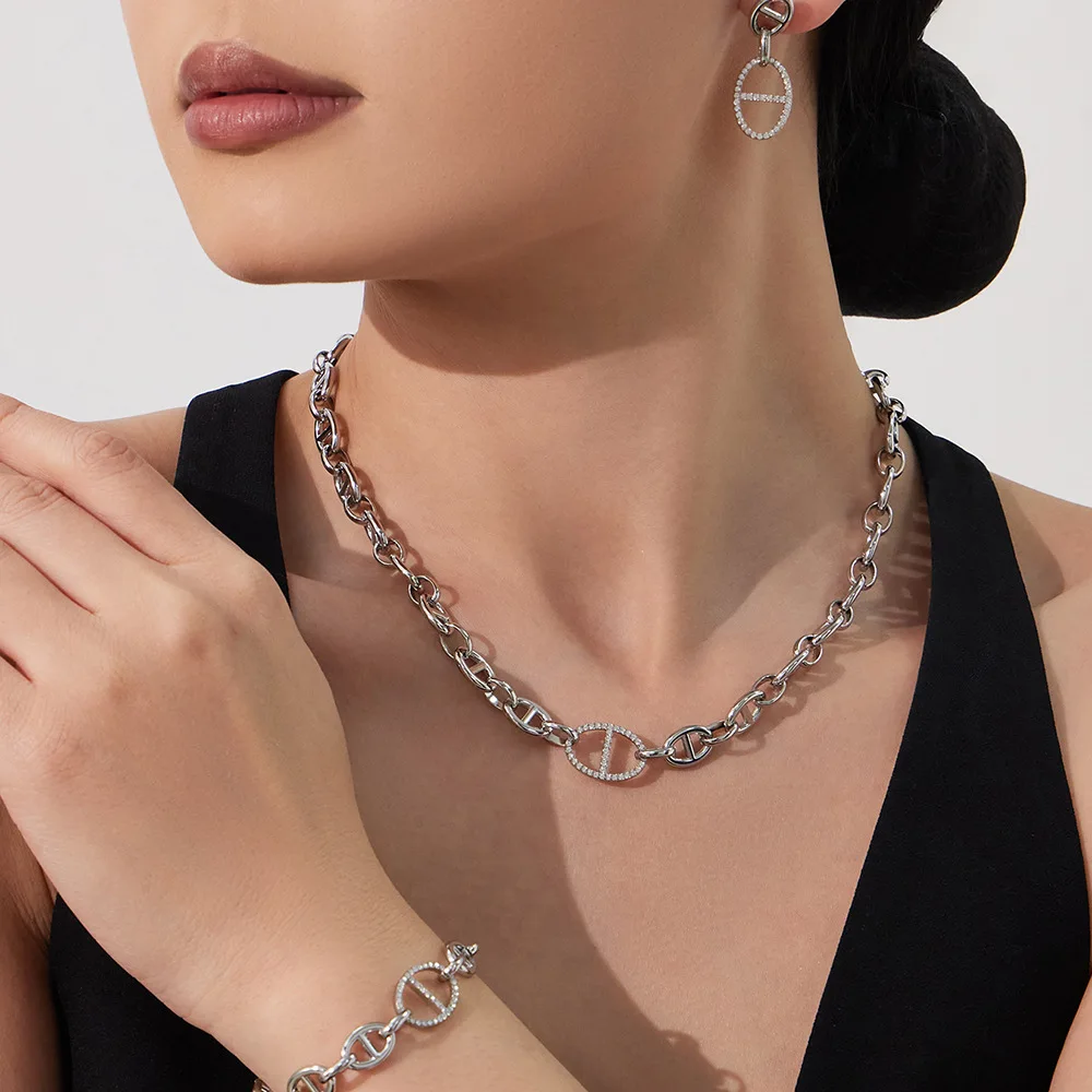 Ars Stainless Steel Pig Nose Chain Necklace 18K Gold Plated Inlaid Zircon Mariner Link Choker Women Statement Daily Necklaces