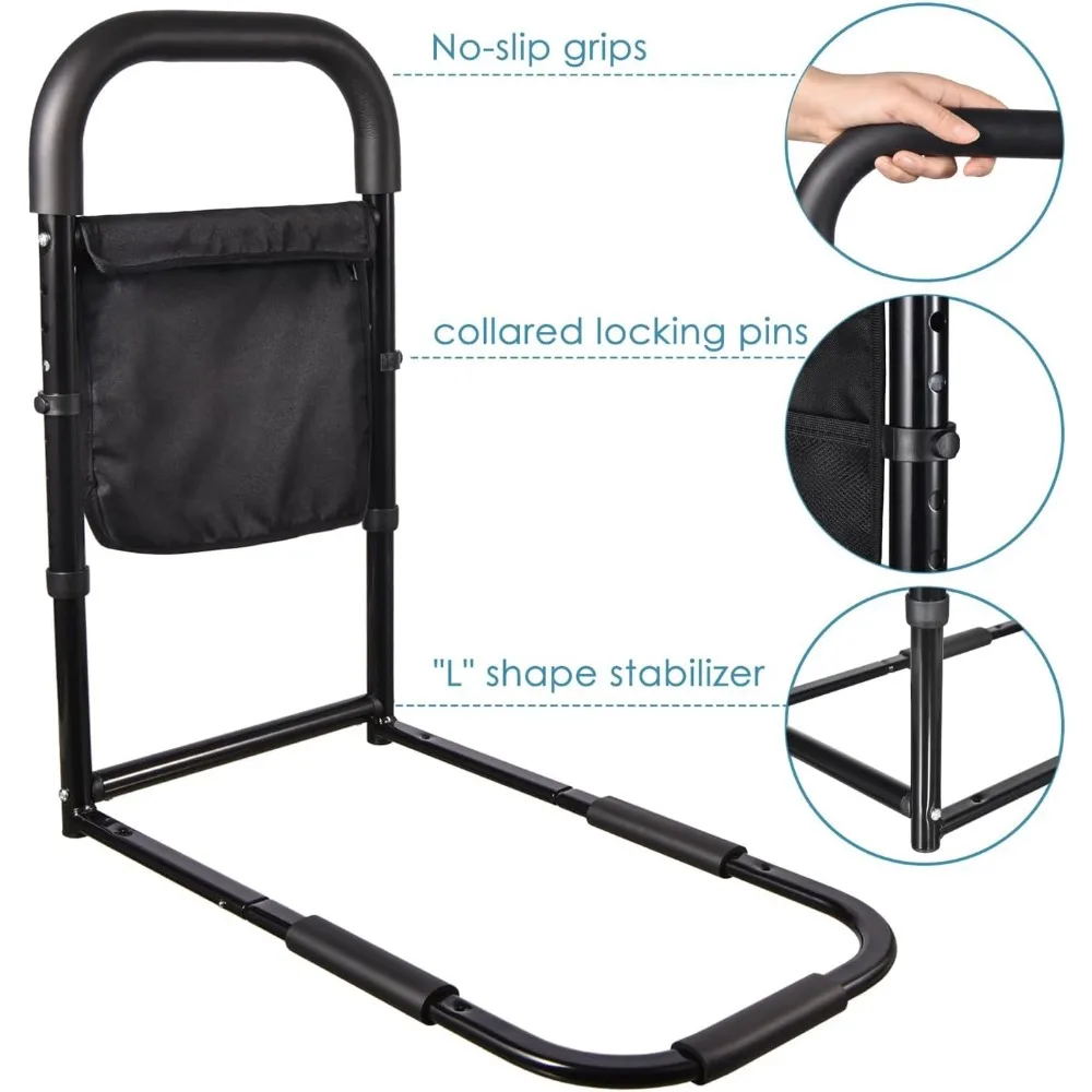 Elderly Bed Safety Rail with Motion Light & Storage Pockets, Adjustable Height, Tool-Free Installation, Supports 300lbs