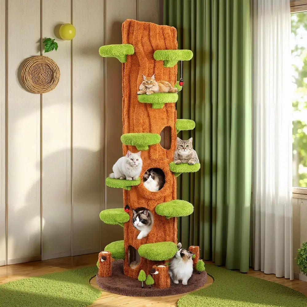 

Large Green Solid Wood Cat Tree with Multi-Level Platforms, Hideout, and Sisal Scratching Posts for Indoor Cats