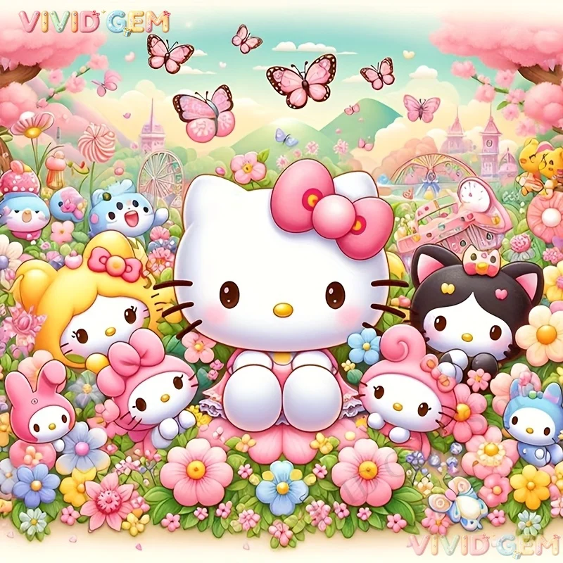 VIVID GEM Sanrio Hello Kitty My Melody Blumenwiese Diamant-Stickerei-Set Vollbohrung 5D DIY Cartoon Kreuzstich Geschenk
