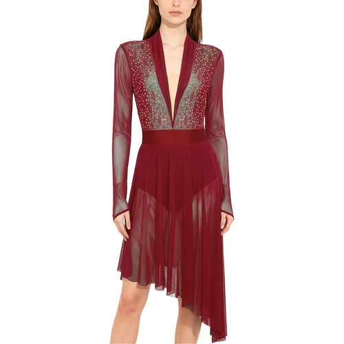 Imagen 2 del producto Vestido lírico de malla transparente con diamantes de imitación para mujer, vestido moderno de baile de salón con volantes, trajes de baile de Ballet para escenario rítmico