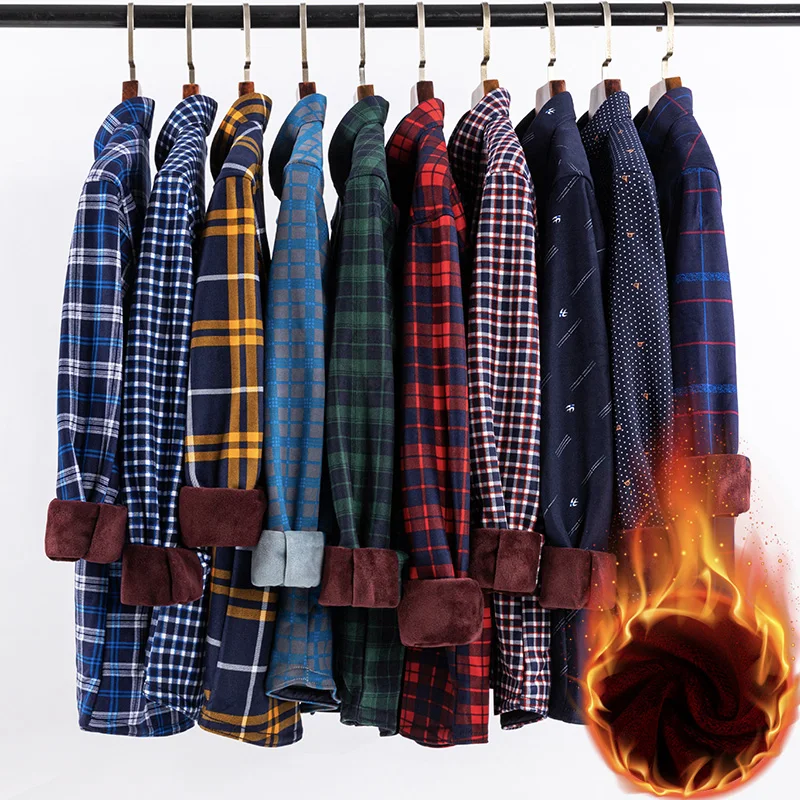 Winter Mens Fleece Warm Shirt Classic Bussiness Vintage Single Pocket Comfortable Soft Standard Fit Button Down Casual Shirts