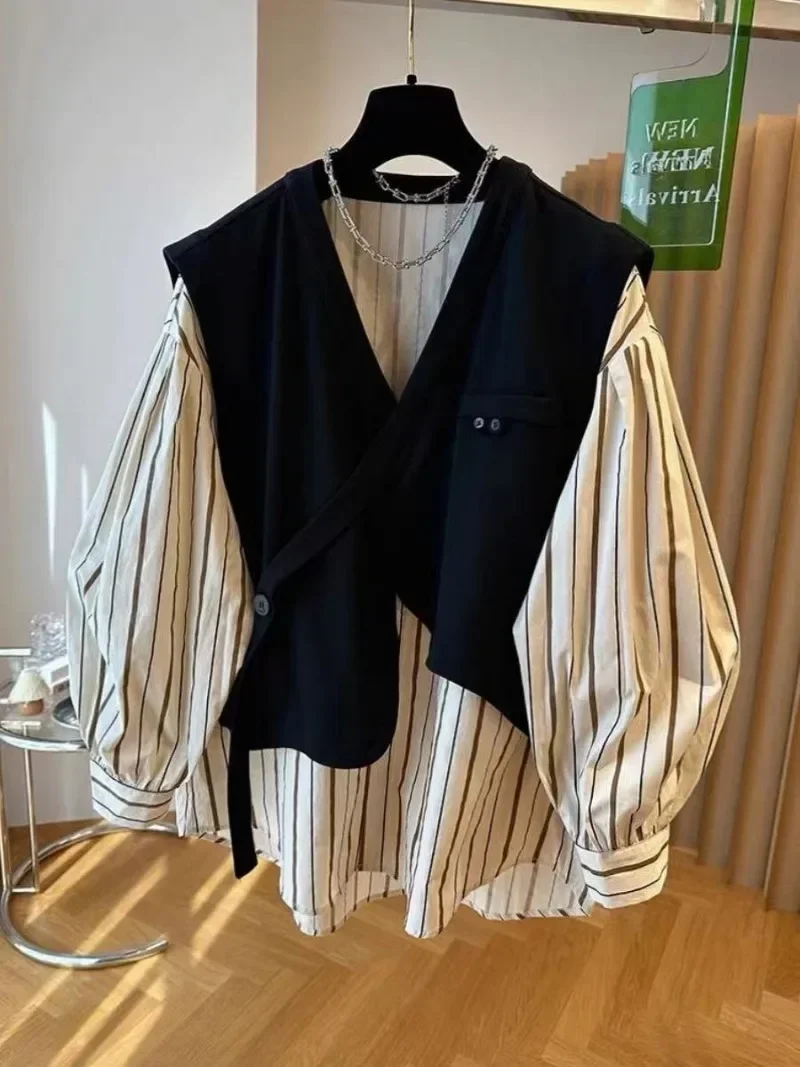 Loose Casual Vest Patchwork Fake Two V-neck Shirts Blusas Mujer De Moda 2024 Autumn New Striped Shirt Vintage Jacket Tops