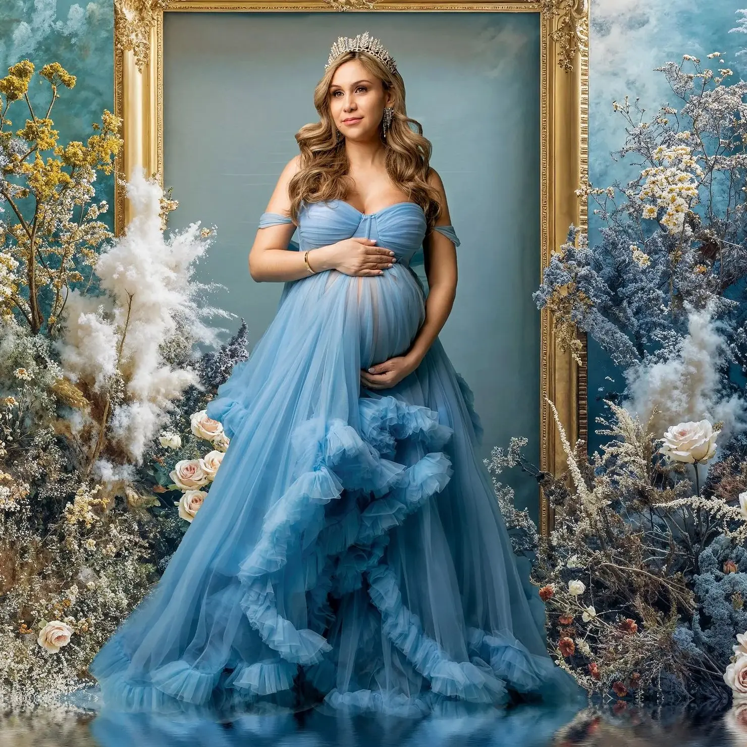 Vestido de maternidad azul cielo para mujer, hombros descubiertos, vestido de fiesta de graduación, volantes, plisado, sin mangas, accesorios de fotografía para baby shower embarazada