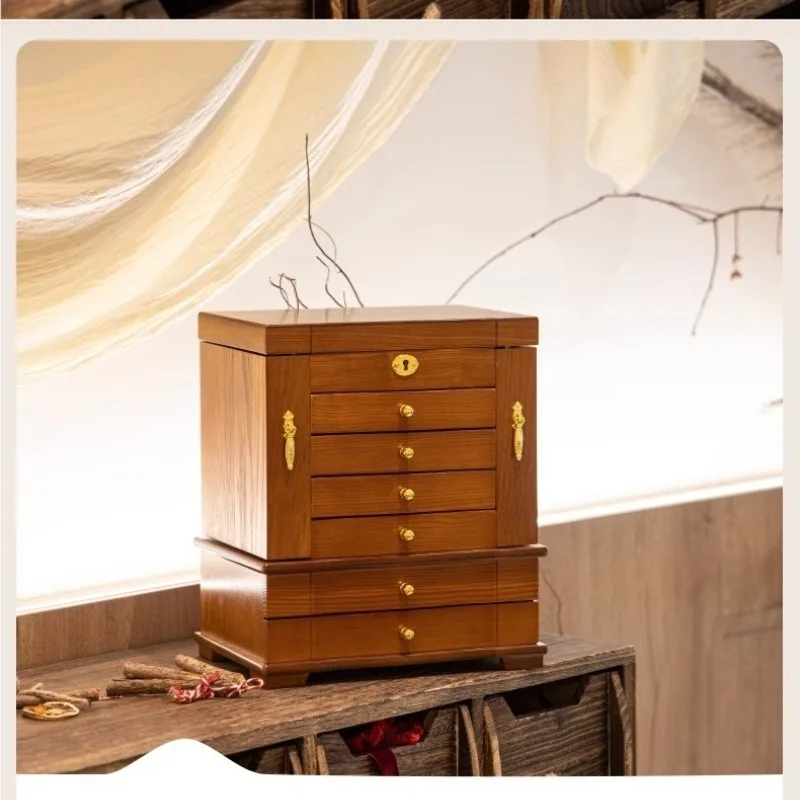 Schmuckaufbewahrungsbox aus Massivholz, mehrschichtige, große Retro-Schmuckschatulle mit Schloss