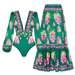 Maiô e saia de uva verde de manga comprida, Swimwear Retro, Beachwear, Fato de banho, Liquidação Atacado, 2024