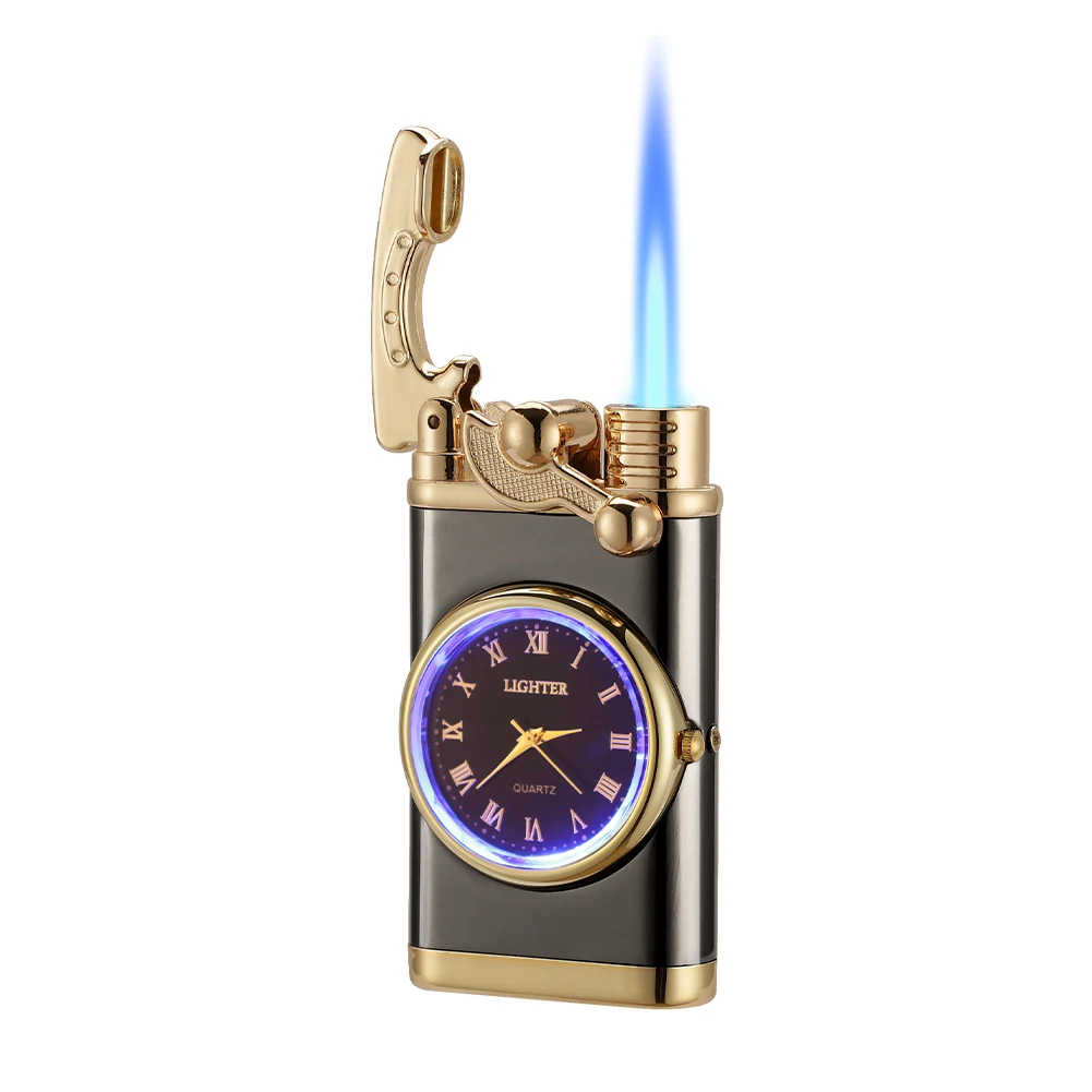 GALINER Luxury Cigar Lighter With Watch Unusual Jet Butane Gas Torch Jet Lighters Rocker Arm Accessories Gadget With Gift Box