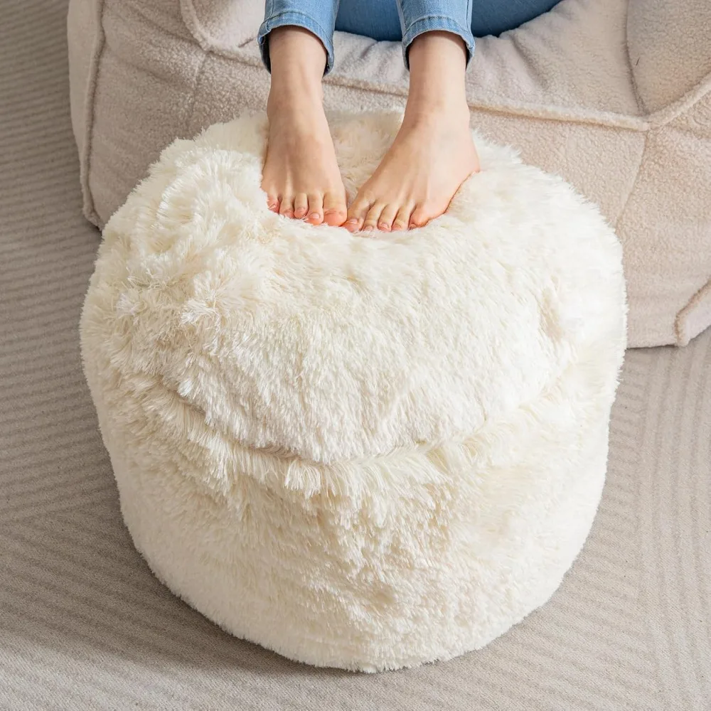 Round Faux Fur Pouf Ottoman with Foam Filling, Fluffy Foot Stool Storage for Living Room, Beige 20x15 Inch