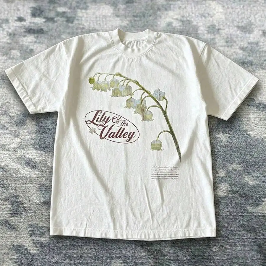 Unisex Retro Dark Boho Casual Tops 1Pc Crew Neck Short Sleeve Vintage Ink‑Wash Lotus Asian Botanical Flower Art Graphic Print Tees