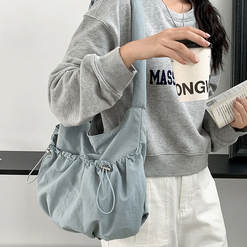 New College Students Pleated Bag Casual Niche Korean Solid Color Nylon Bag Large Capacity Female Crossbody Shoulder Bag for Girl