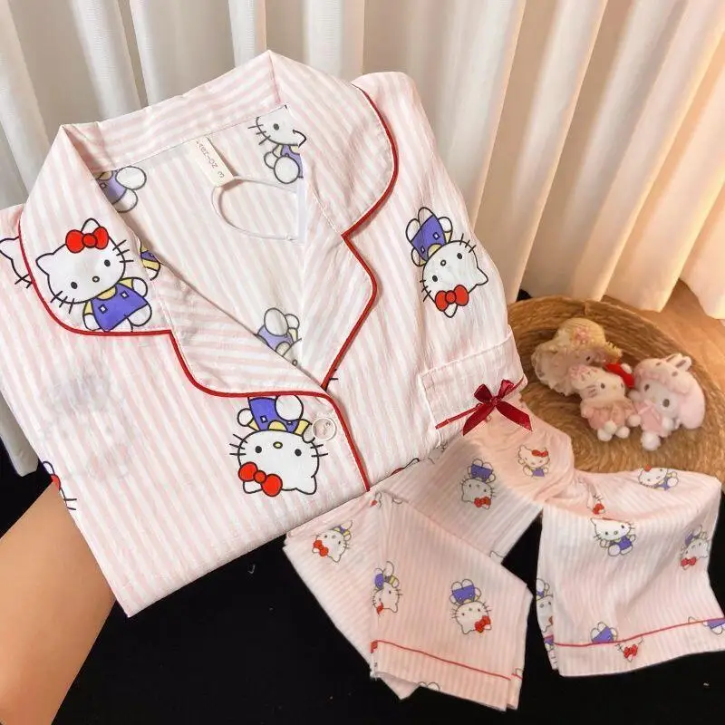 

Hello Kitty Summer Popular Pajamas Striped Cloud Cotton Women's Short-Sleeved Pajamas Three-Piece Set Loose Girl Home Clothes