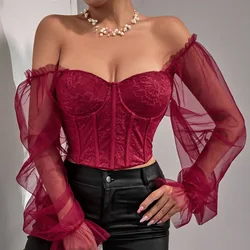 Sexy Gauze Mesh Long Sleeves Crop Tops for Women Fashion Slim Backless Bustier Camisole Underwire Boned Corset Lingerie Tank Top