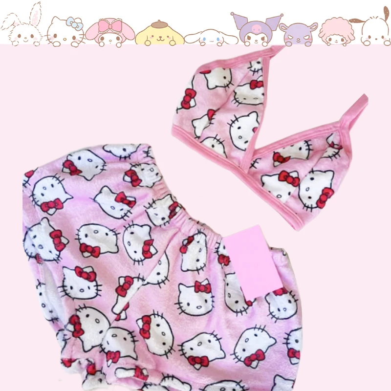 Hello Kitty Sanrio Pajamas Set Kawaii Cartoon Anime Cute Home Leisure Vest Shorts Pajamas Two Piece Set Girls Birthday Gifts