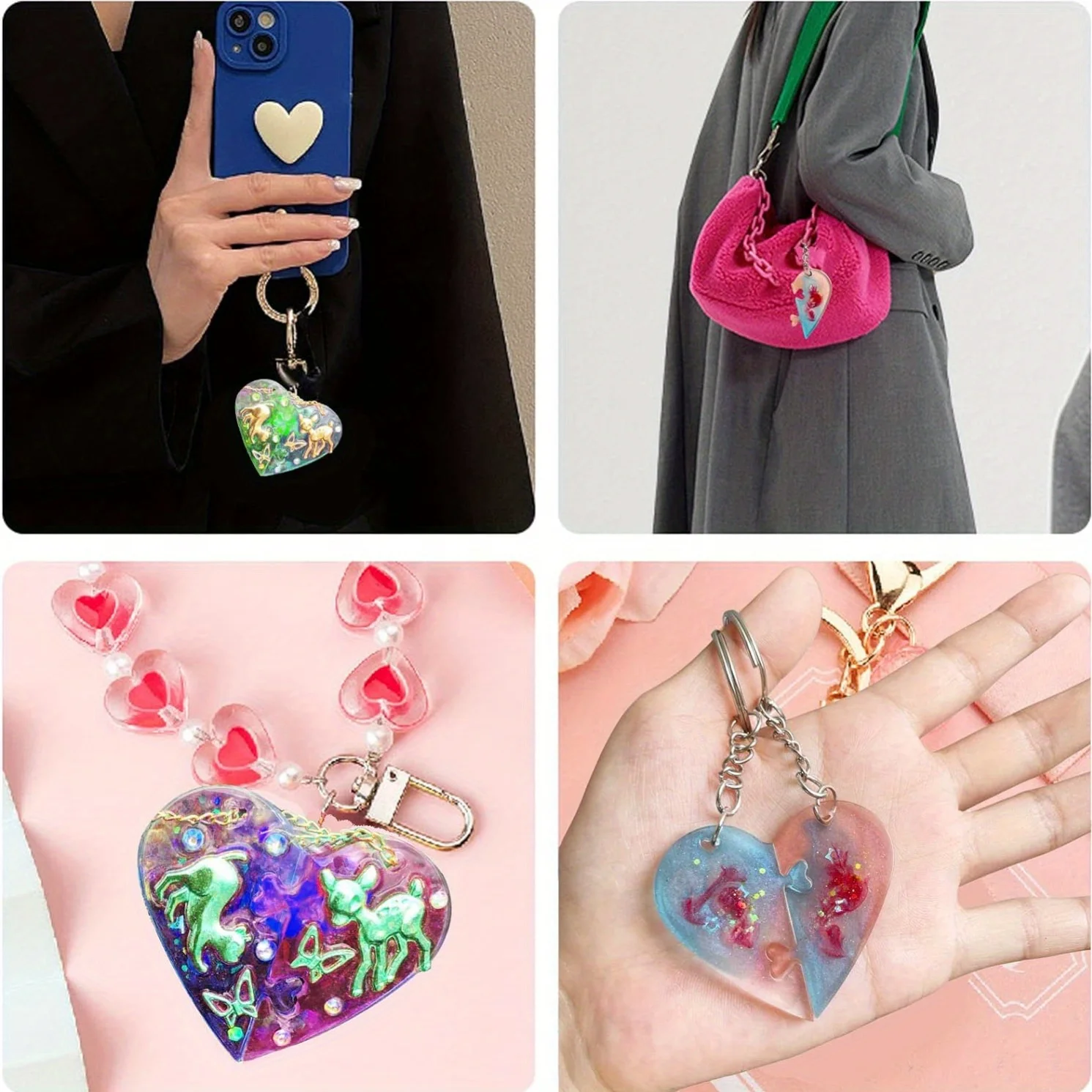 3Pcs Heart Puzzle Key Chain Silicone Mold, Couple Pendant Heart Lover Puzzle Resin Casting Mold With Hole, Diy Jewelry Making