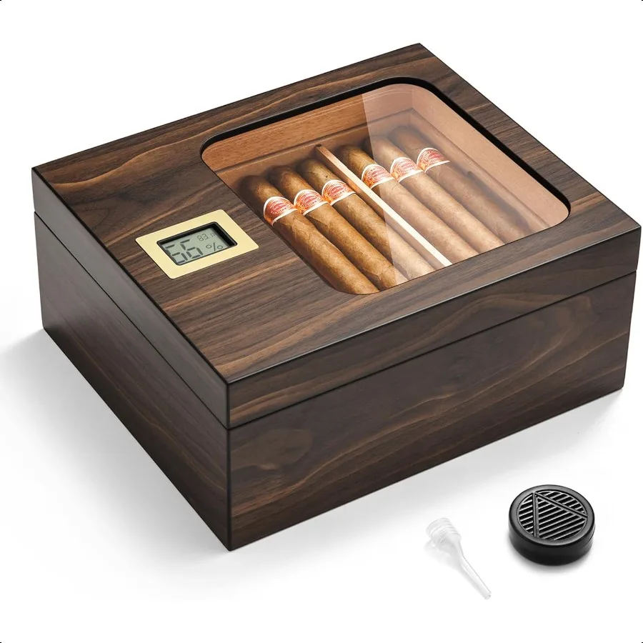 

Cigar Humidor Modern Glass Top Cedar Humidor Cigar Box with Digital Hygrometer Humidifier Handcrafted Cedar Wood Tray and Divid
