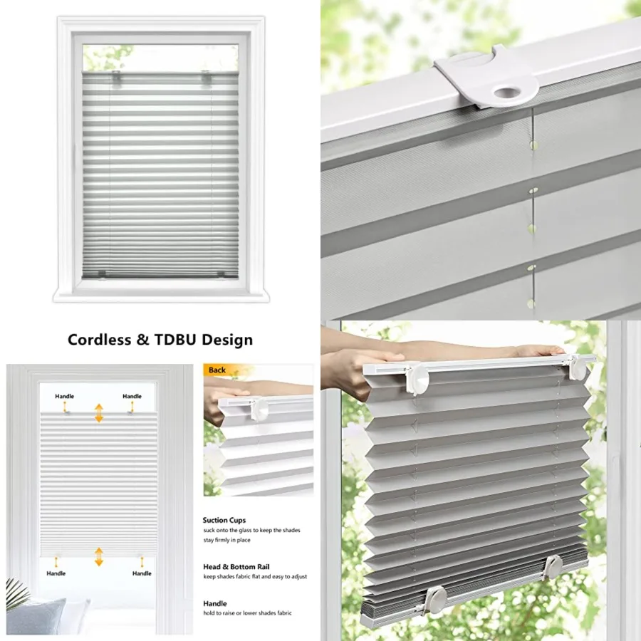

Tool-Free Cordless Pleated Shades with Suction Cups Light Filtering Top Down Bottom Up Pleated Blinds for Window Size 22" W x 6