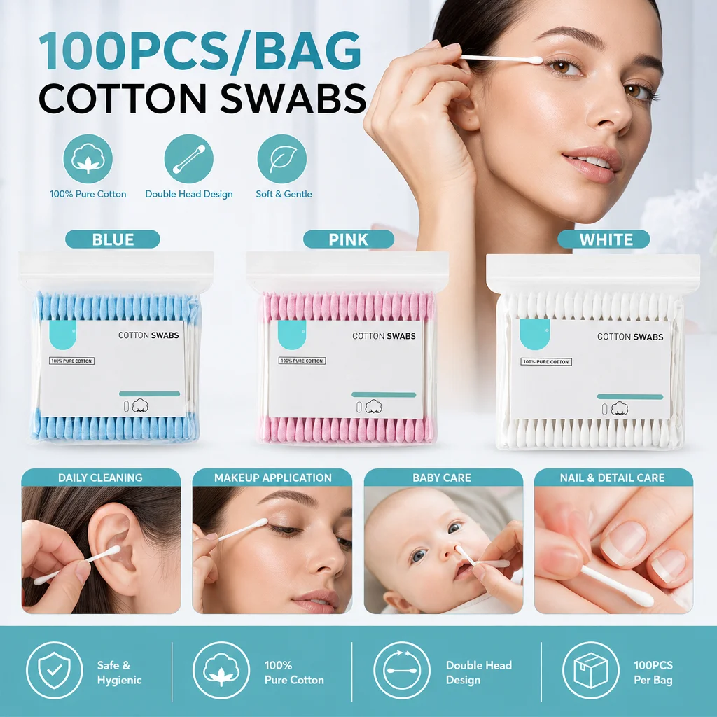 300pcs double end cotton swab, 2-in-1 pointed round head cotton swab, lint-free soft cotton swab, 3 colors