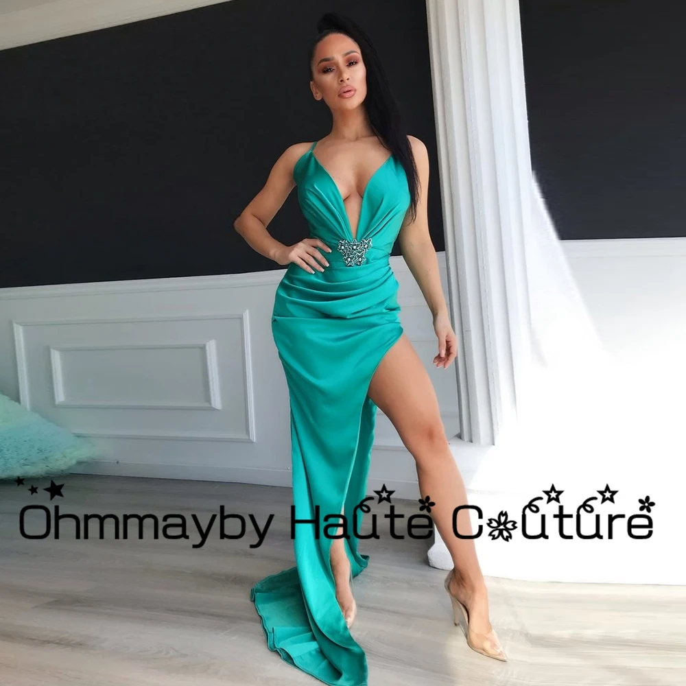 

Spaghetti Straps Asymmetrical Green Evening Dresses for Guest 2024 Draped Sleeveless Side Slit Sexy Prom Gowns New Summer