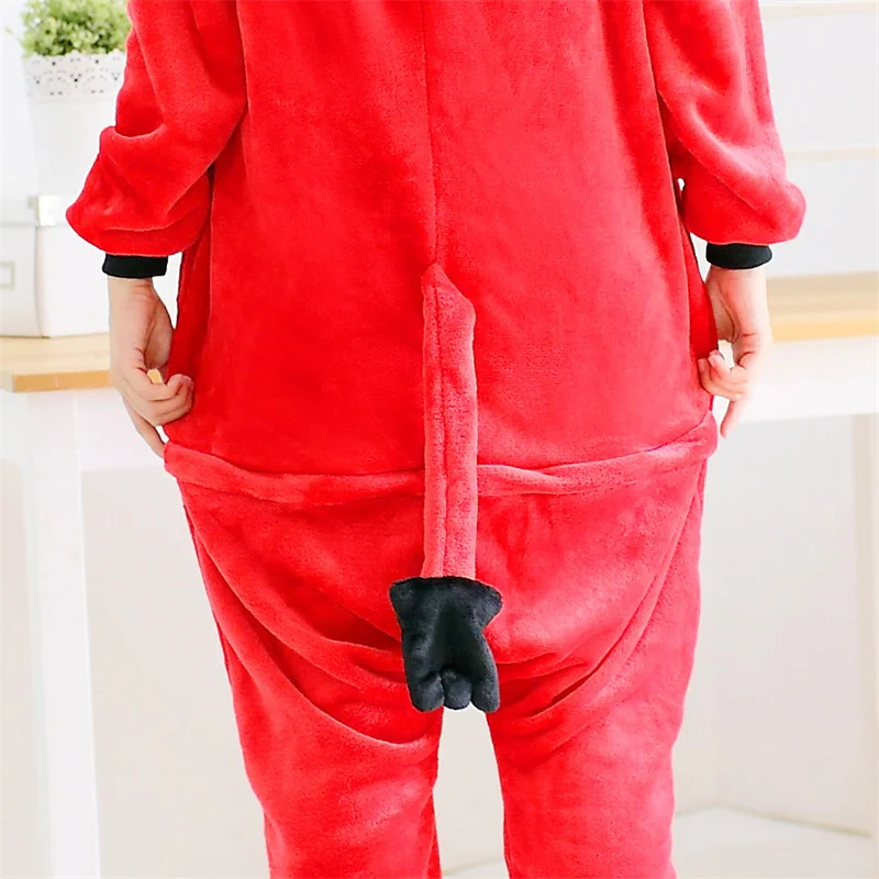 남여 성인 플란넬 Onesie 겨울 두꺼운 만화 동물 레드 불 잠옷 할로윈 의상 코스프레 잠옷 Homewear 점프 슈트