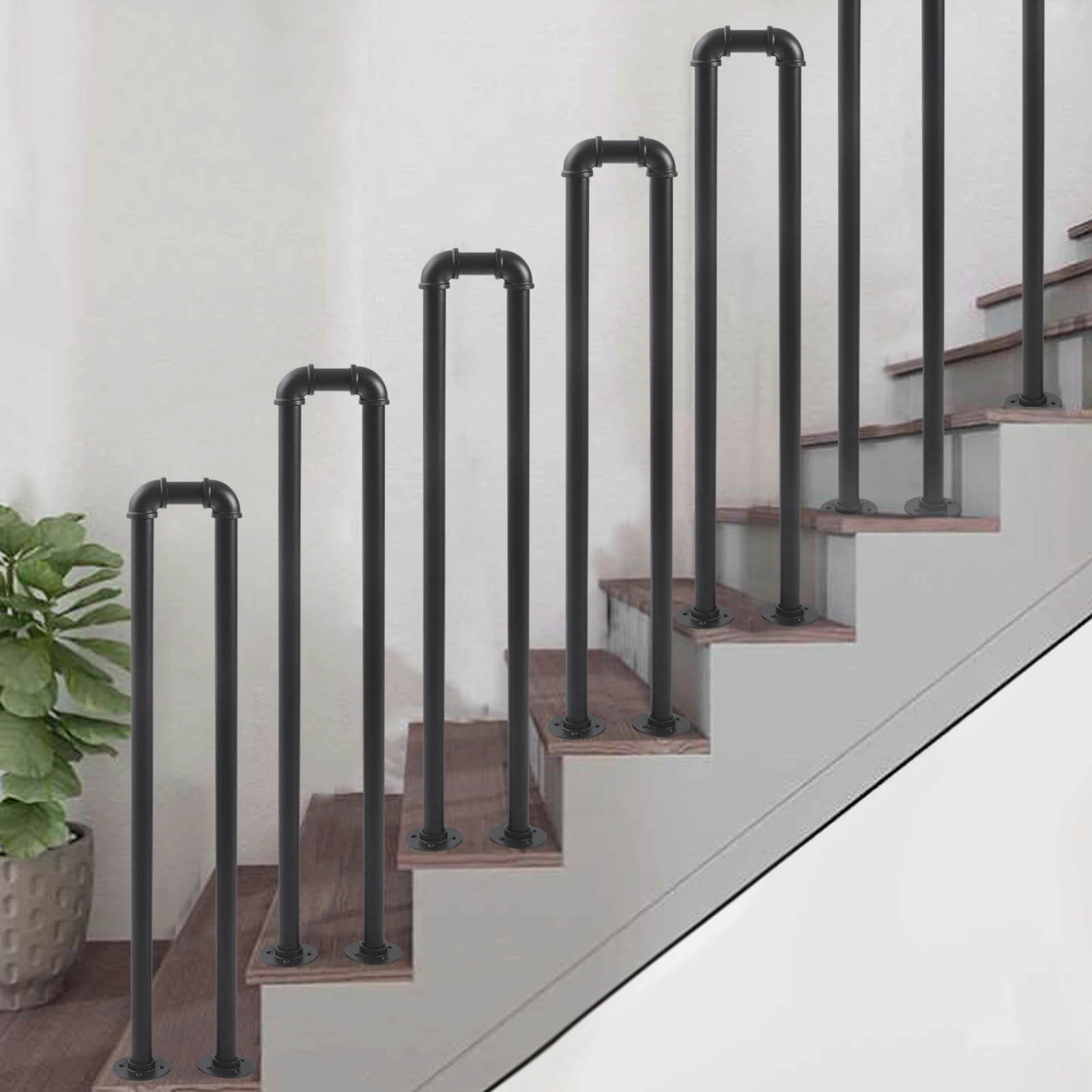 1*Industrial Style Water Pipe Shaped Indoor & Outdoor U-shaped Staircase Handrail 33.46 in,Mall or Garden Steel Black Flat Fence